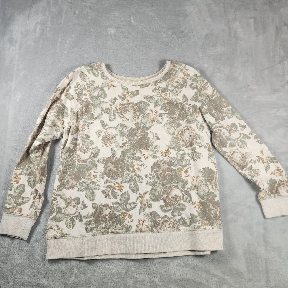 J. Jill Quiet Luxury Cream Floral Sweatshirt M Boxy Long Sleeve Crew Neck Cottag
